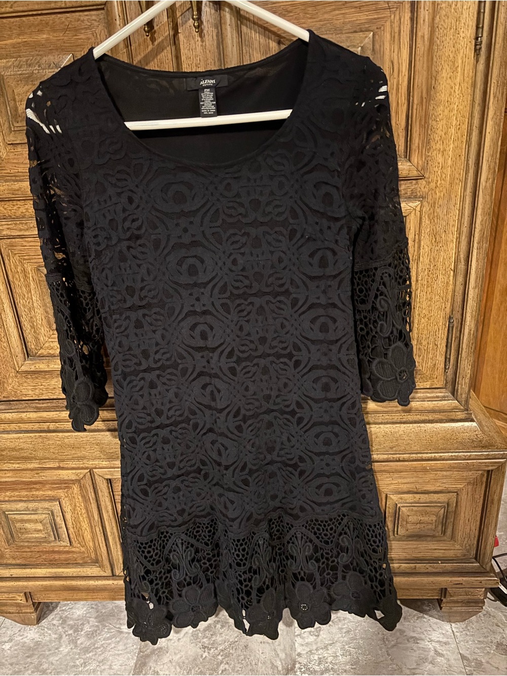 Alfani Black Crochet Lace Long Sleeve Shift Dress with Floral Hem
